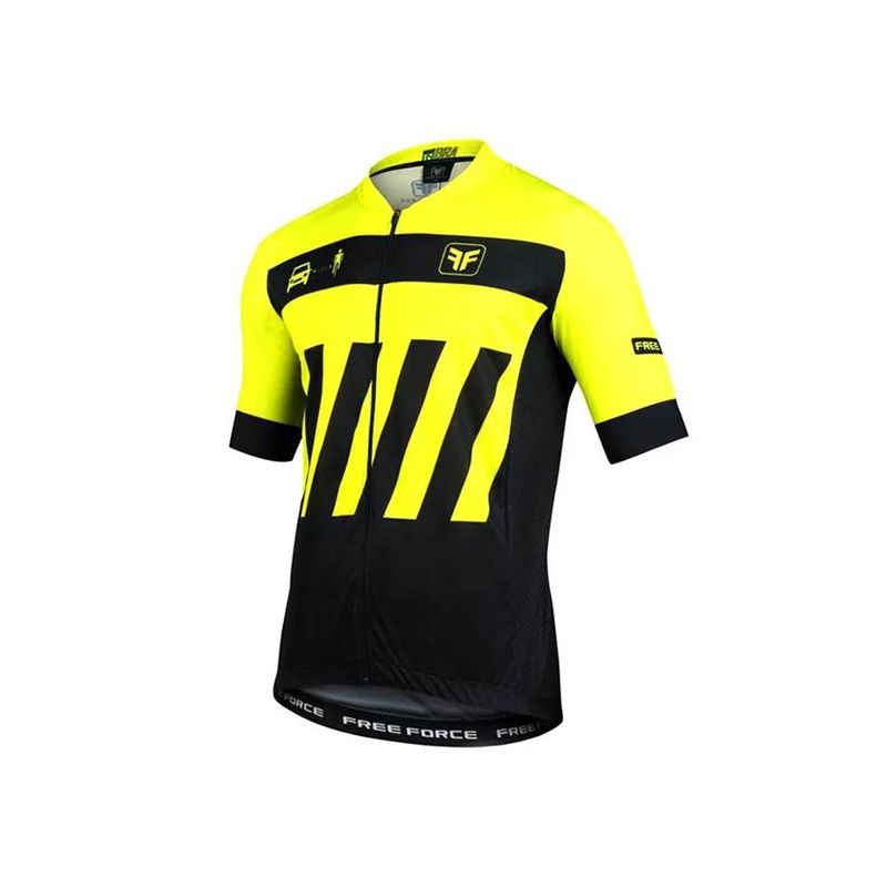 camisa-ciclismo-infantil-free-force-preto-amarelo-neon-verde-gola-baixa-protecao-solar-uv-50_